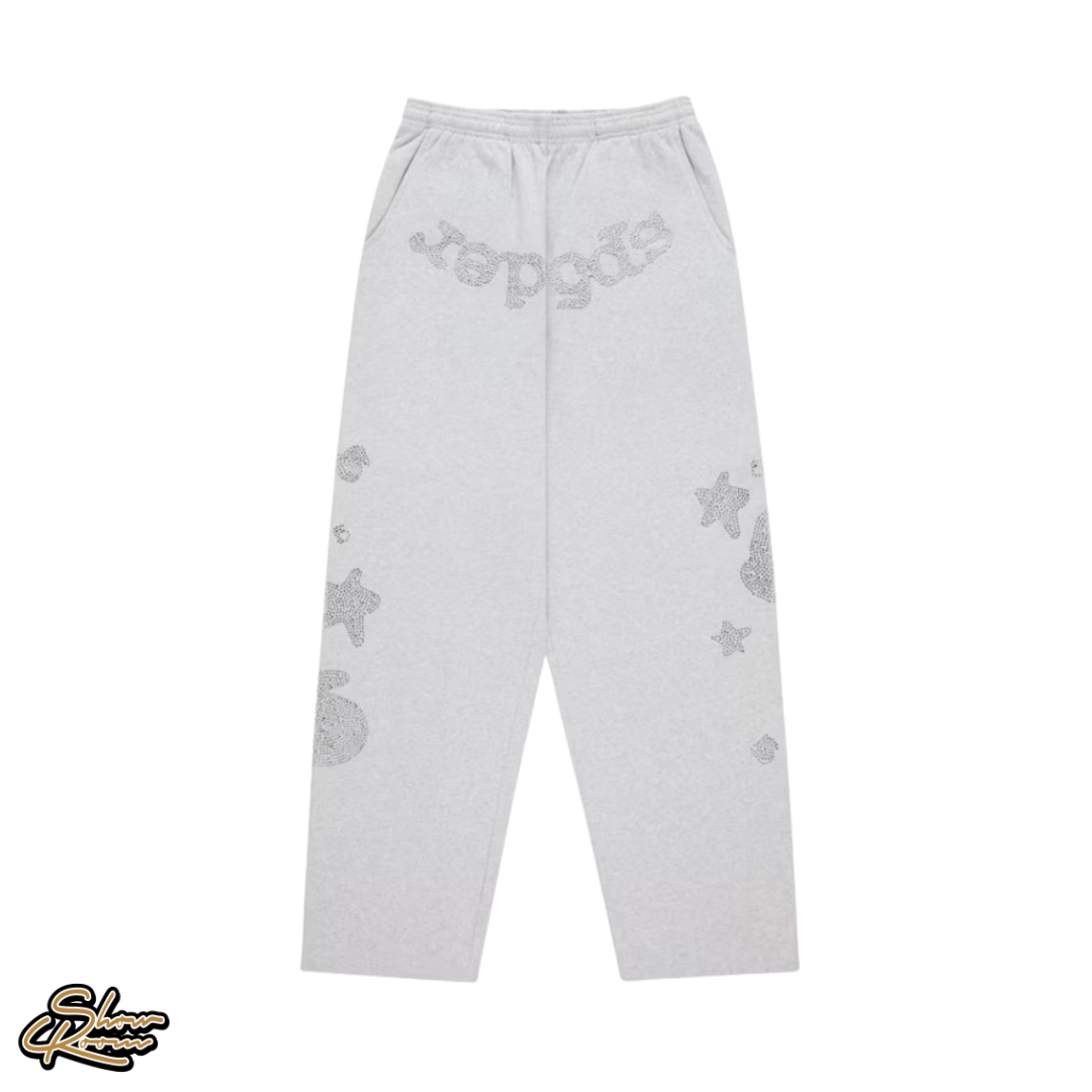 Sp5der Rhinestone Beluga V2 Wide Leg Sweatpants ”Heather Grey”