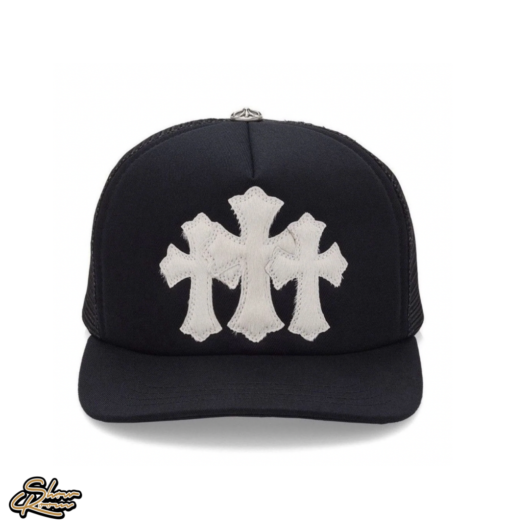 Chrome Hearts Calf Hair Triple Cemetery Cross Trucker Hat 